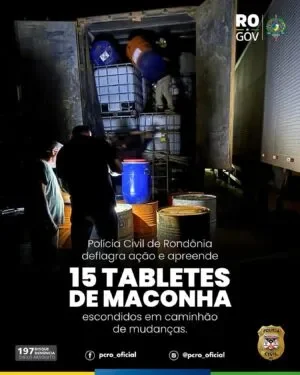 Polícia Civil deflagra ação e apreende 15 tabletes de maconha escondidos em caminhão de mudanças