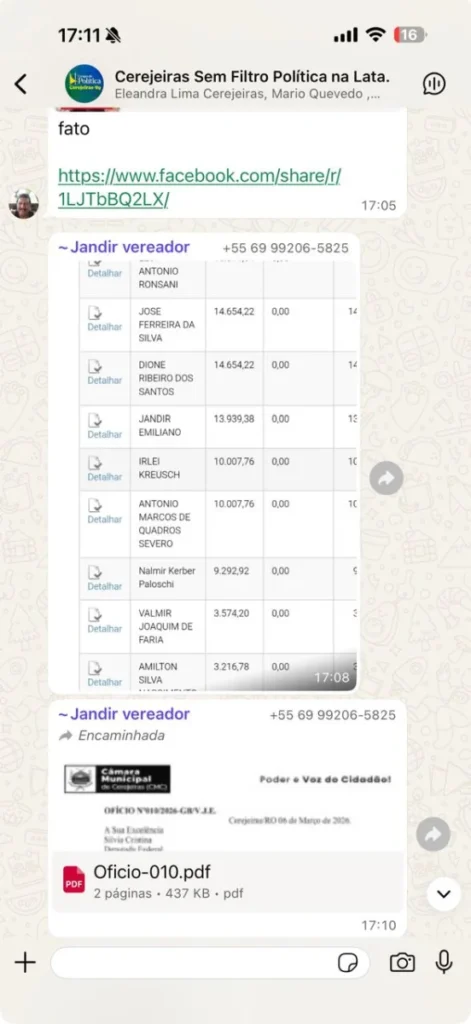 Vereador Jandir Vigilante expõe colegas vereadores em grupo de WhatsApp após matéria sobre gastos com diárias em Cerejeiras