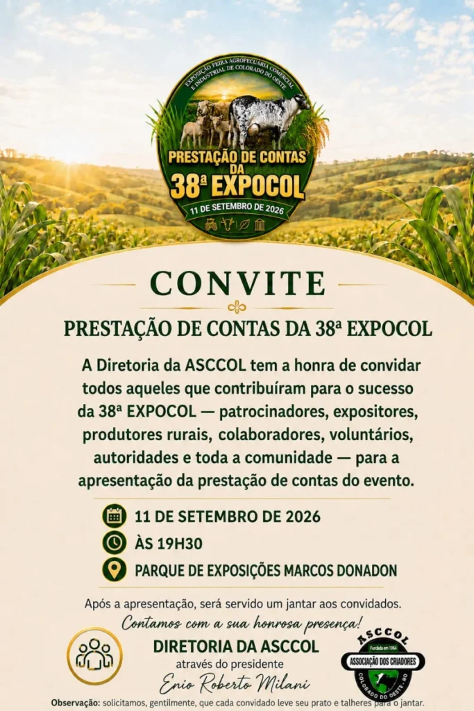 ASCCOL convoca comunidade para prestação de contas da 38ª EXPOCOL em Colorado do Oeste